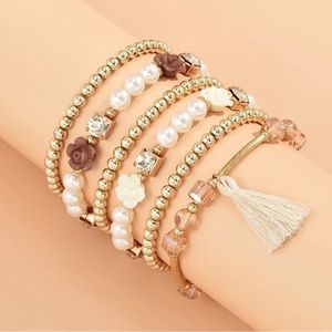 Beaded 6 Piece Stretch Stack Bracelet Set with Roses